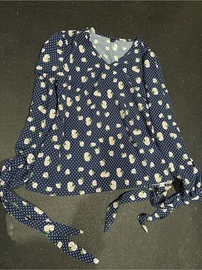 SHEIN Navy Floral V-Neck Tie-Sleeve Blouse